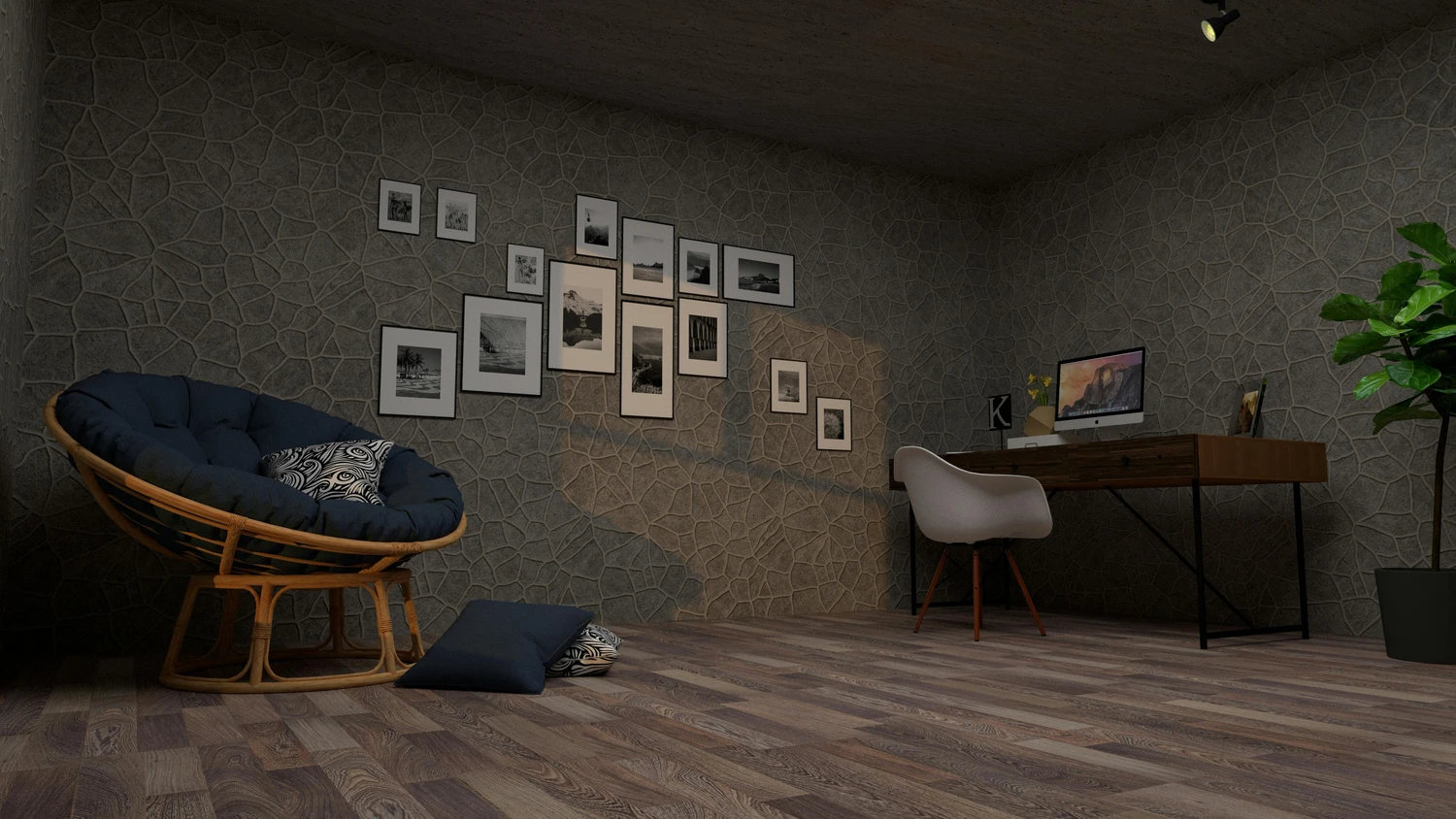 Raumausstatterbetrieb Preukschat - Innenarchitektur und Renovierung - Ein modernes Homeoffice-Interieur mit einer dunklen, strukturierten Wand und minimalistischem Galerie-Layout.